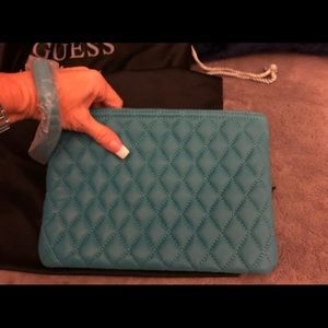 NWT Marciano Turquoise quilted Lambskin Leather Wristlet purse cosmetic case bag